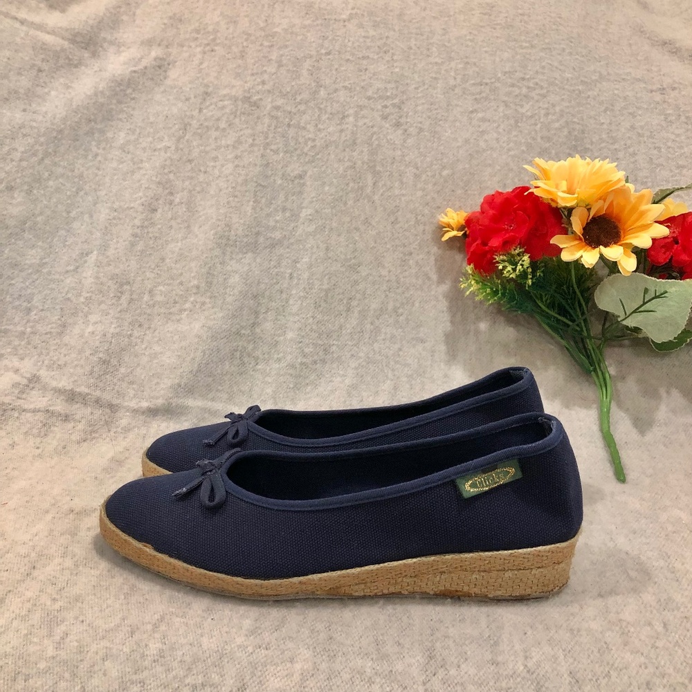 Navy Blue Canvas Espadrilles with Tan Rope-like Wedges